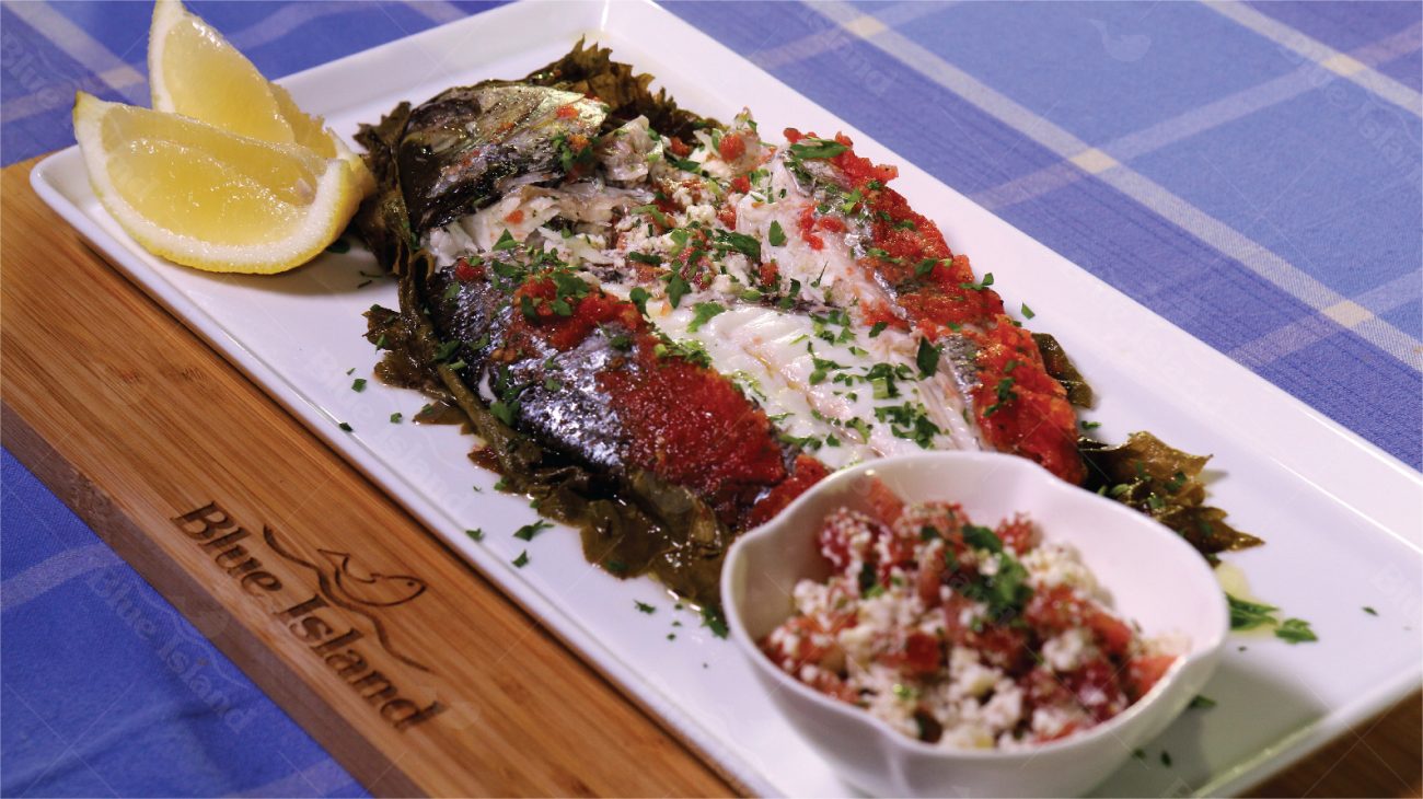 Sea Bream with Feta wrapped in Vine Leaves