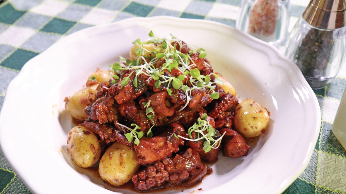 Red Wine Octopus with Baby Potatoes