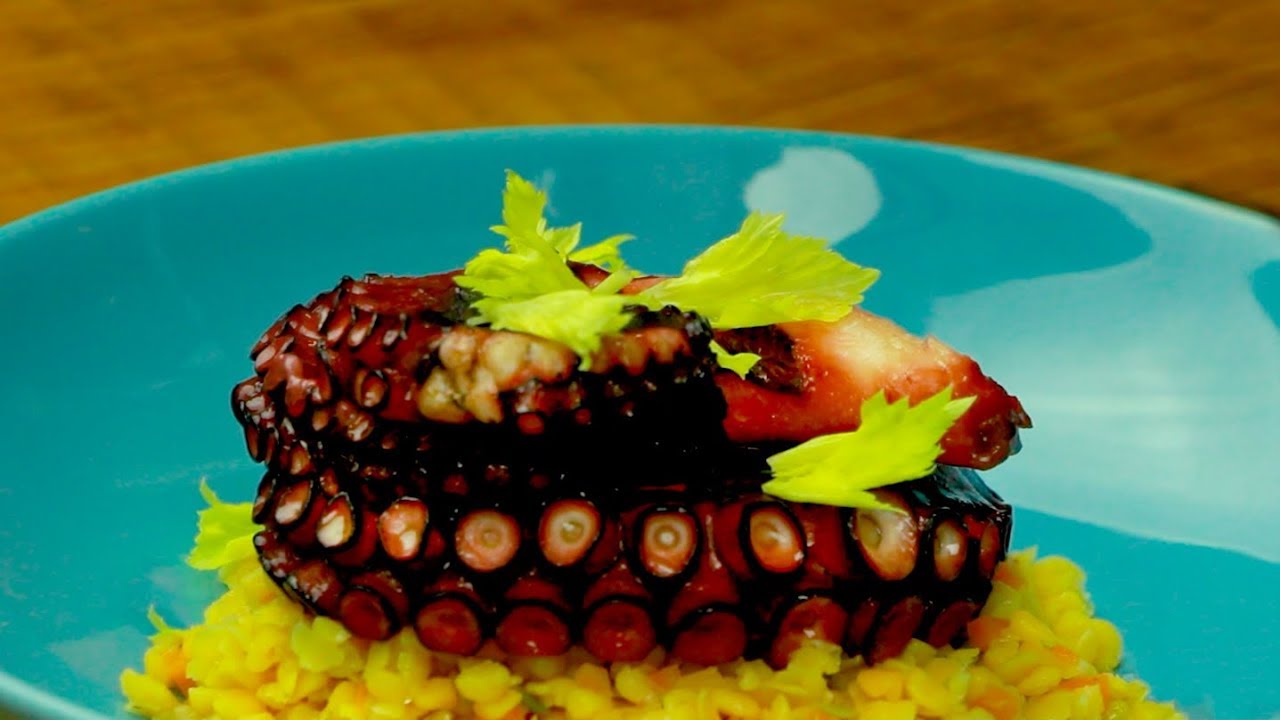 Oven Baked Octopus with Yellow Lentils