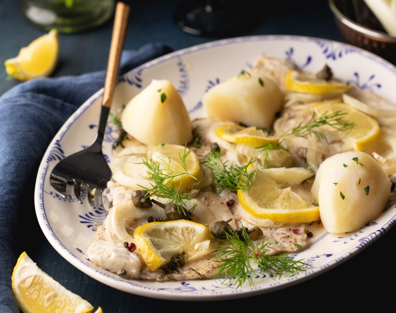 Sea Bass fillets with capers, fennel and dill