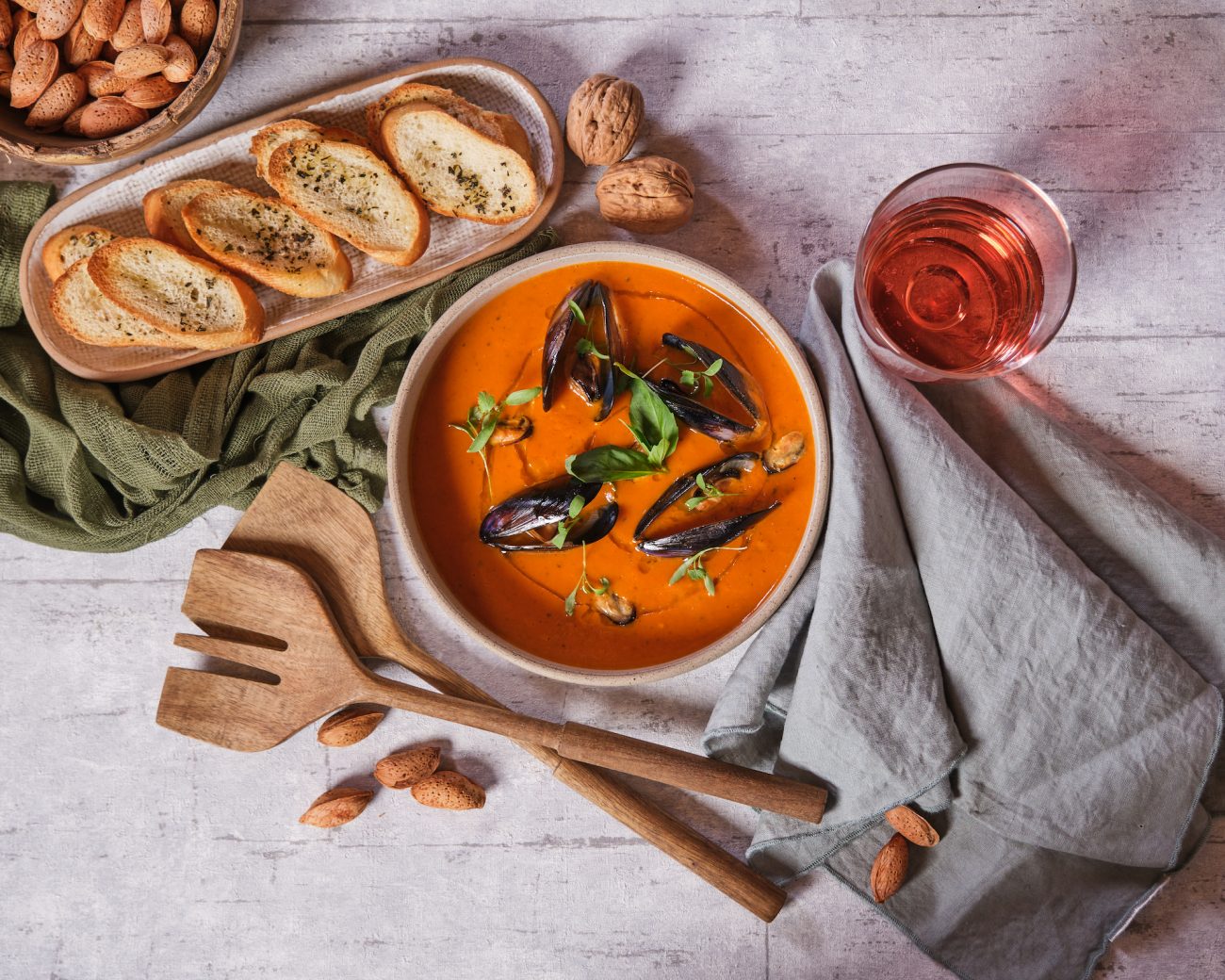 Tomato Soup with Black Shell Mussels and Herbs