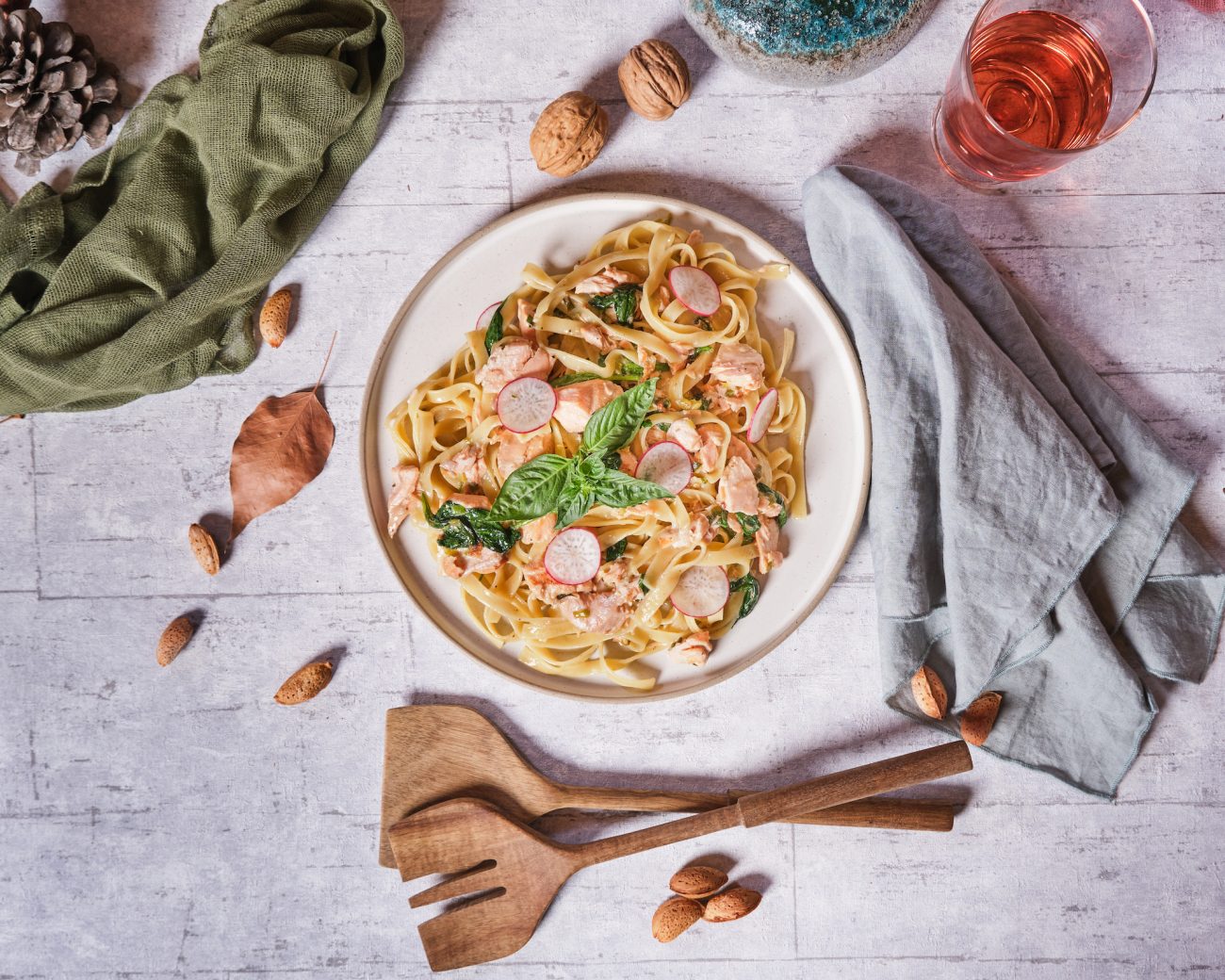 Salmon Tagliatelle Pasta with Mustard, Honey and Spinach