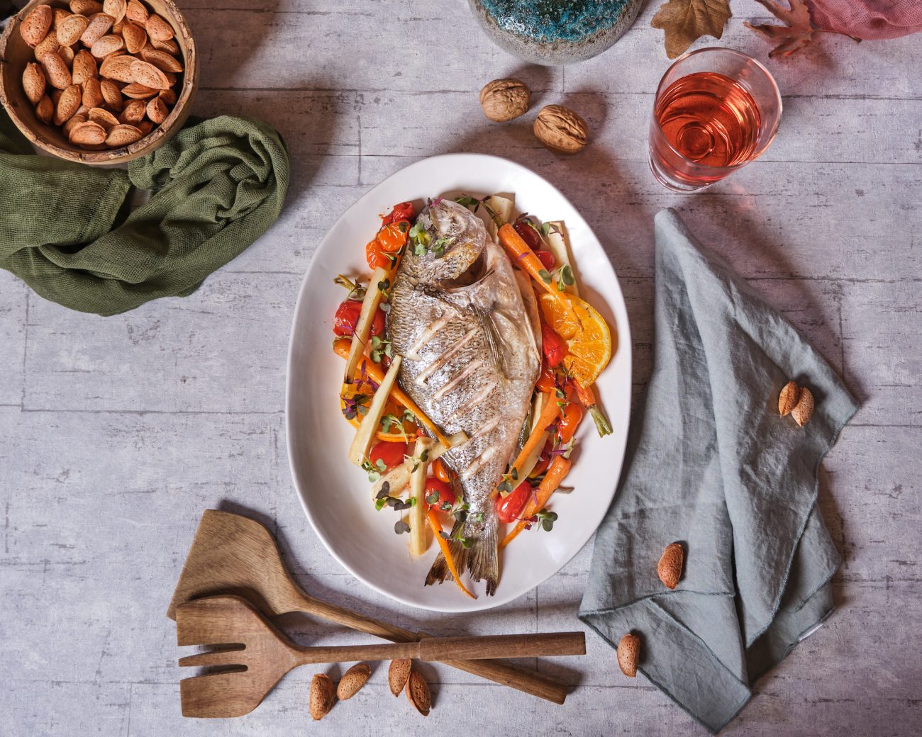 Baked Sea Bream marinated with Sage and Orange served with Parsnips, Cherry Tomatoes and Carrots