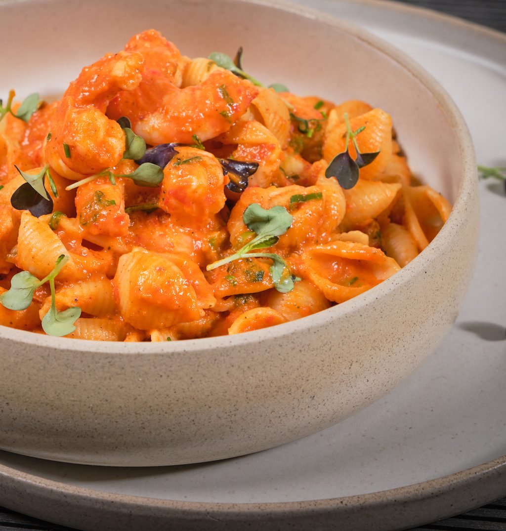 Conchiglie Pasta with Prawns with Red Bell Pepper and Tomato sauce