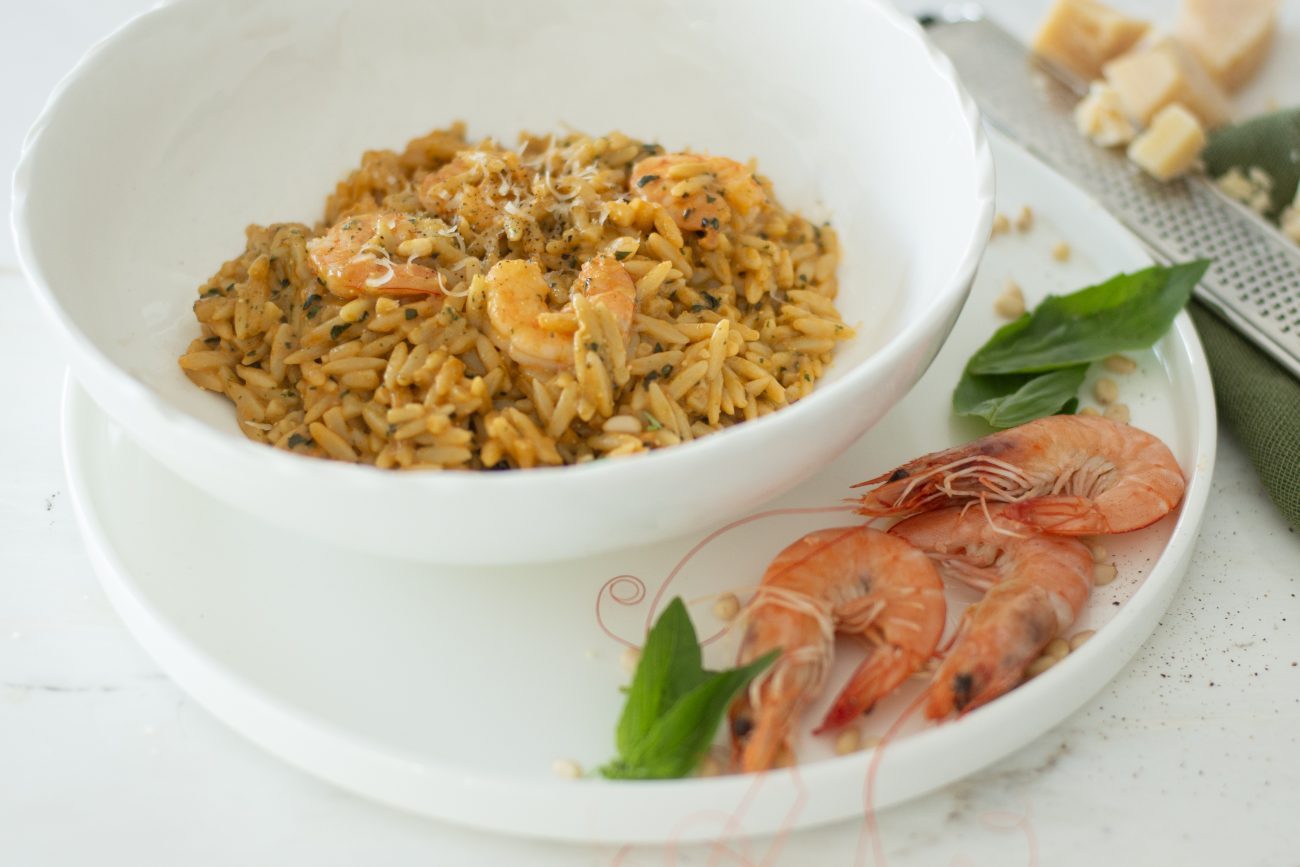 Orzo with prawn bisque and basil pesto – Τhermomix