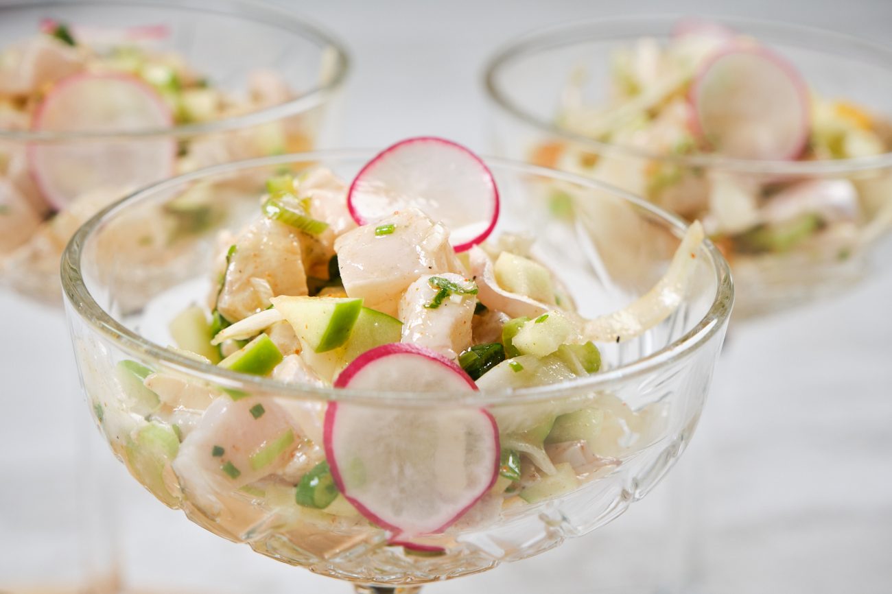 Sea Bass Ceviche salad with green apple and dry apricots